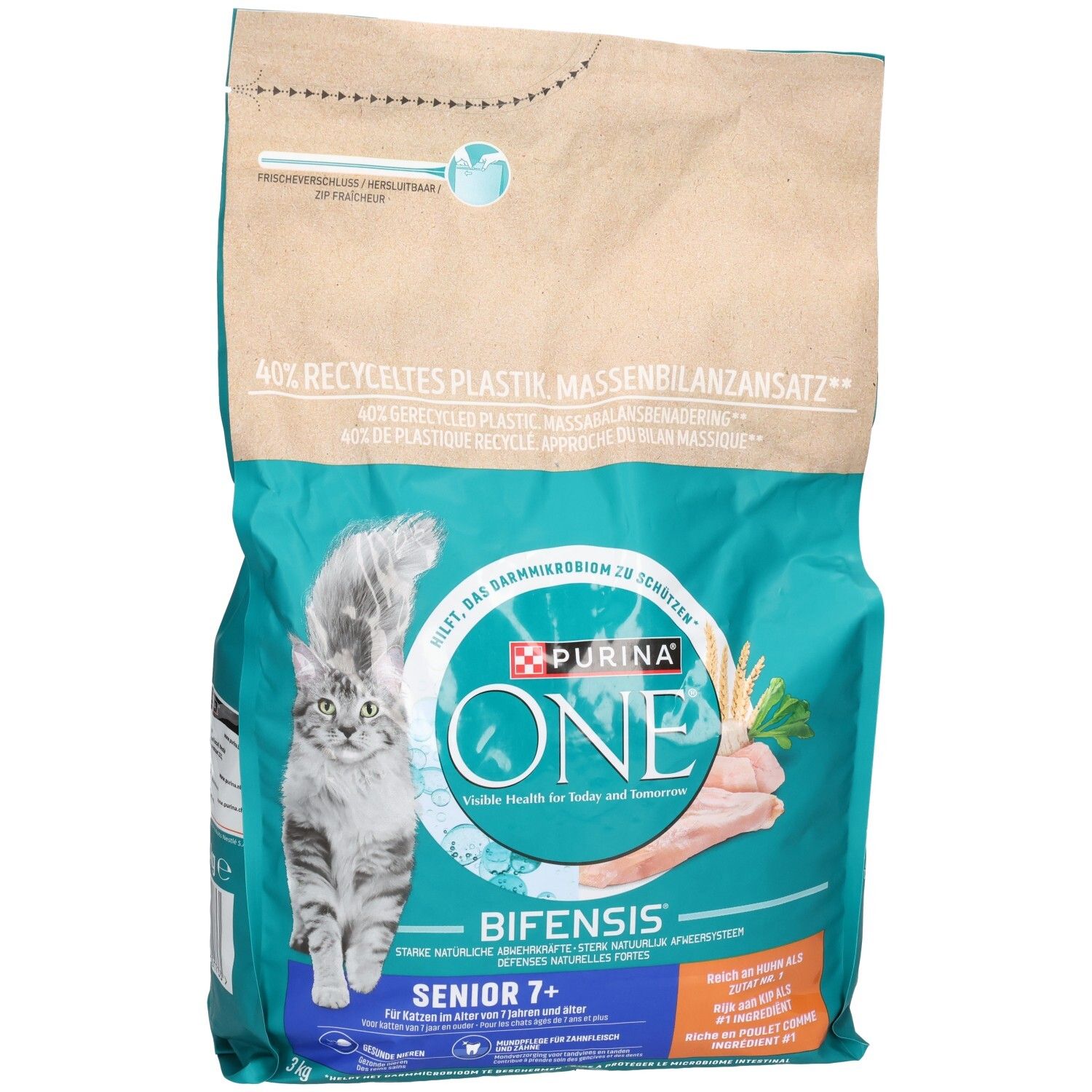 Sacs de 3 kg de nourriture pour chats Purina ONE Bifensis Senior 7+, avec chat et poulet.