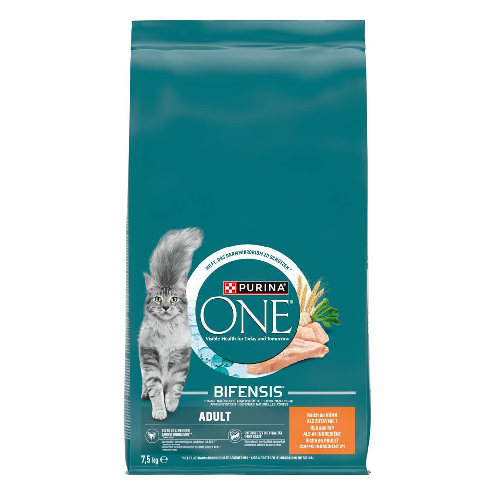 Purina ONE Adulte Poulet & Blé nourriture pour chat, sac de 7,5 kg avec illustration de chat et de poulet.