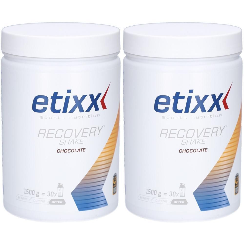 Deux pots blancs de Etixx Recovery Shake saveur chocolat.