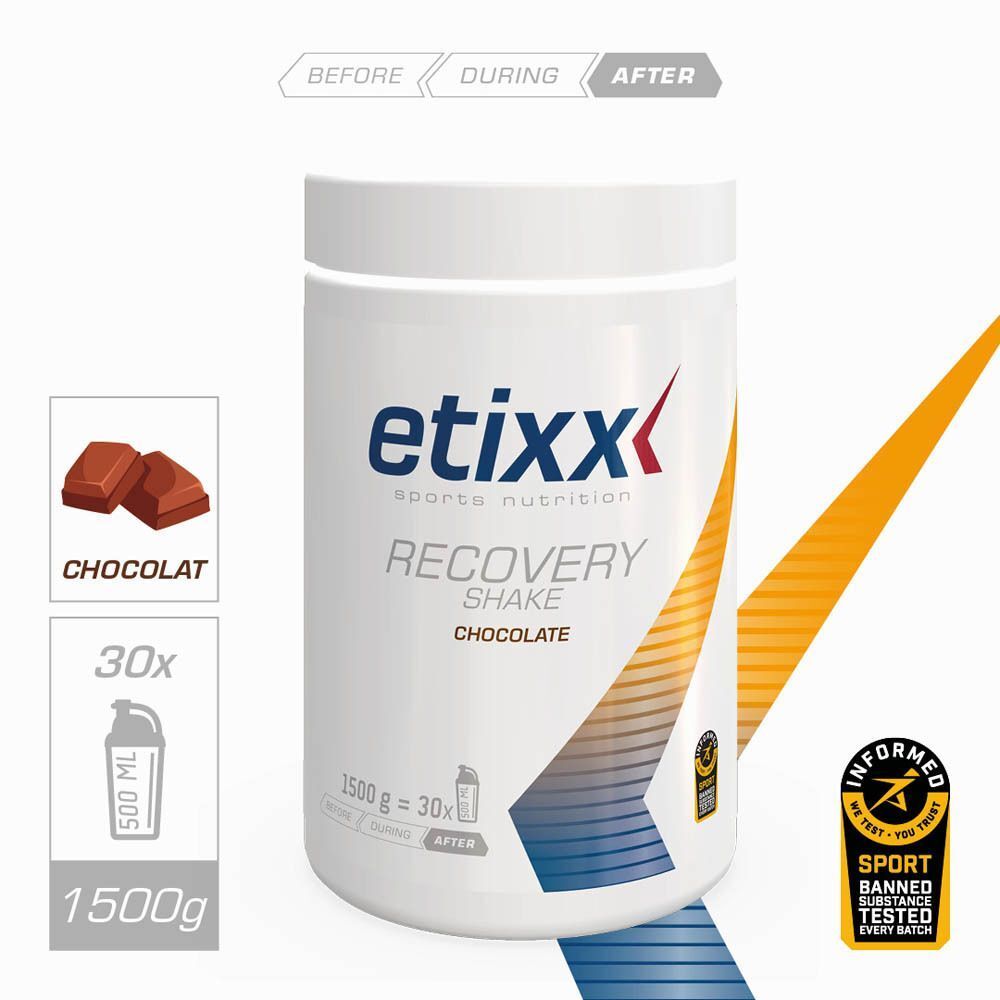 Un pot blanc de Etixx Recovery Shake saveur chocolat, 1500g.