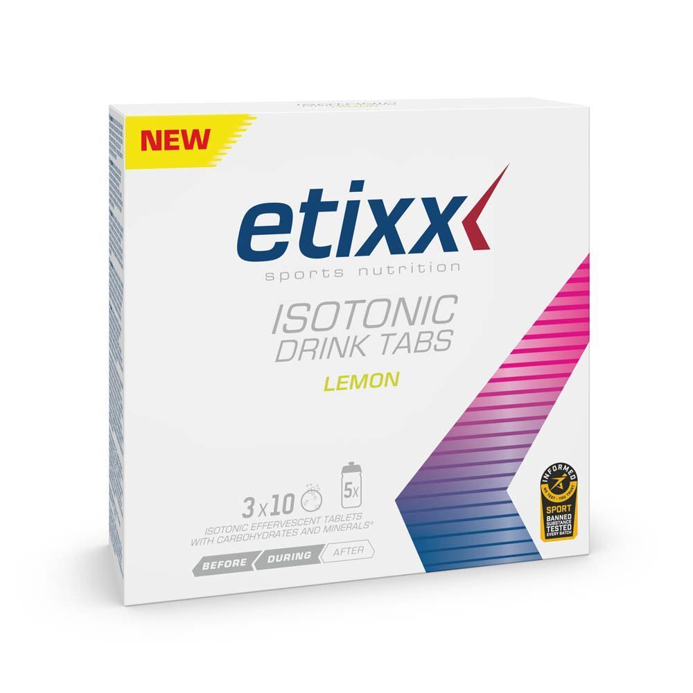 Boîte Etixx Isotonic Drink Tabs Citron, 3x10 comprimés effervescents. Nouveau produit, certifié Informed-Sport.