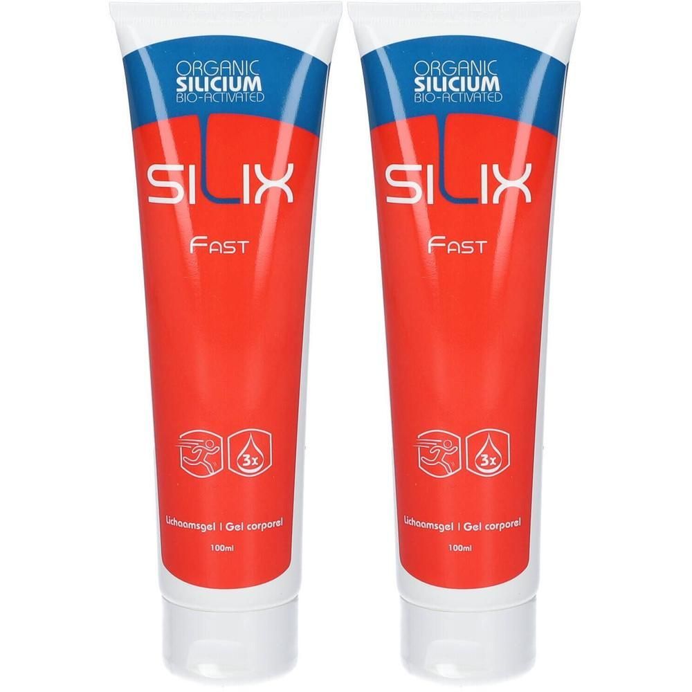 Deux tubes de lotion corporelle SILIX Fast avec autocollant jaune "2=1". Étiquette rouge avec accents bleus. Contient du silicium organique.