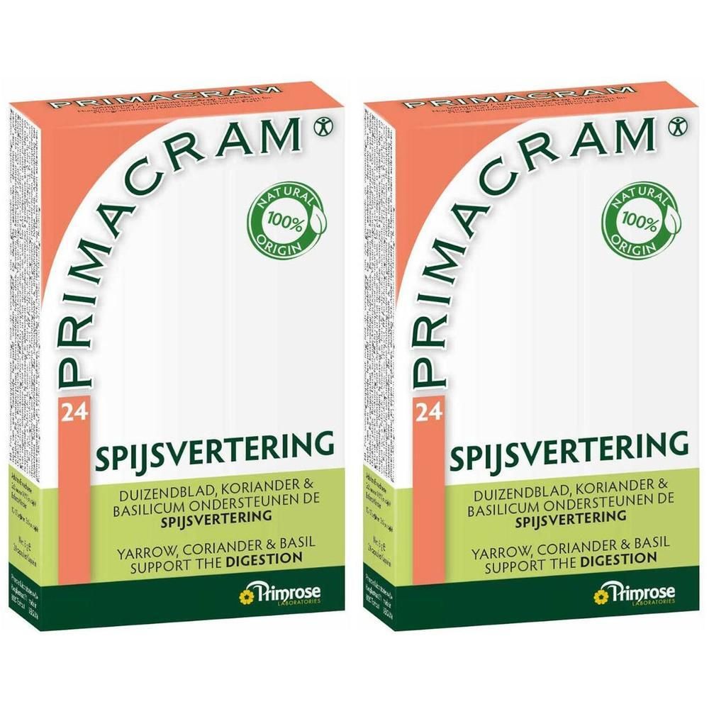 Deux paquets de Primacram pour la digestion, 24 unités par paquet. Contient de l'achillée, de la coriandre et du basilic.