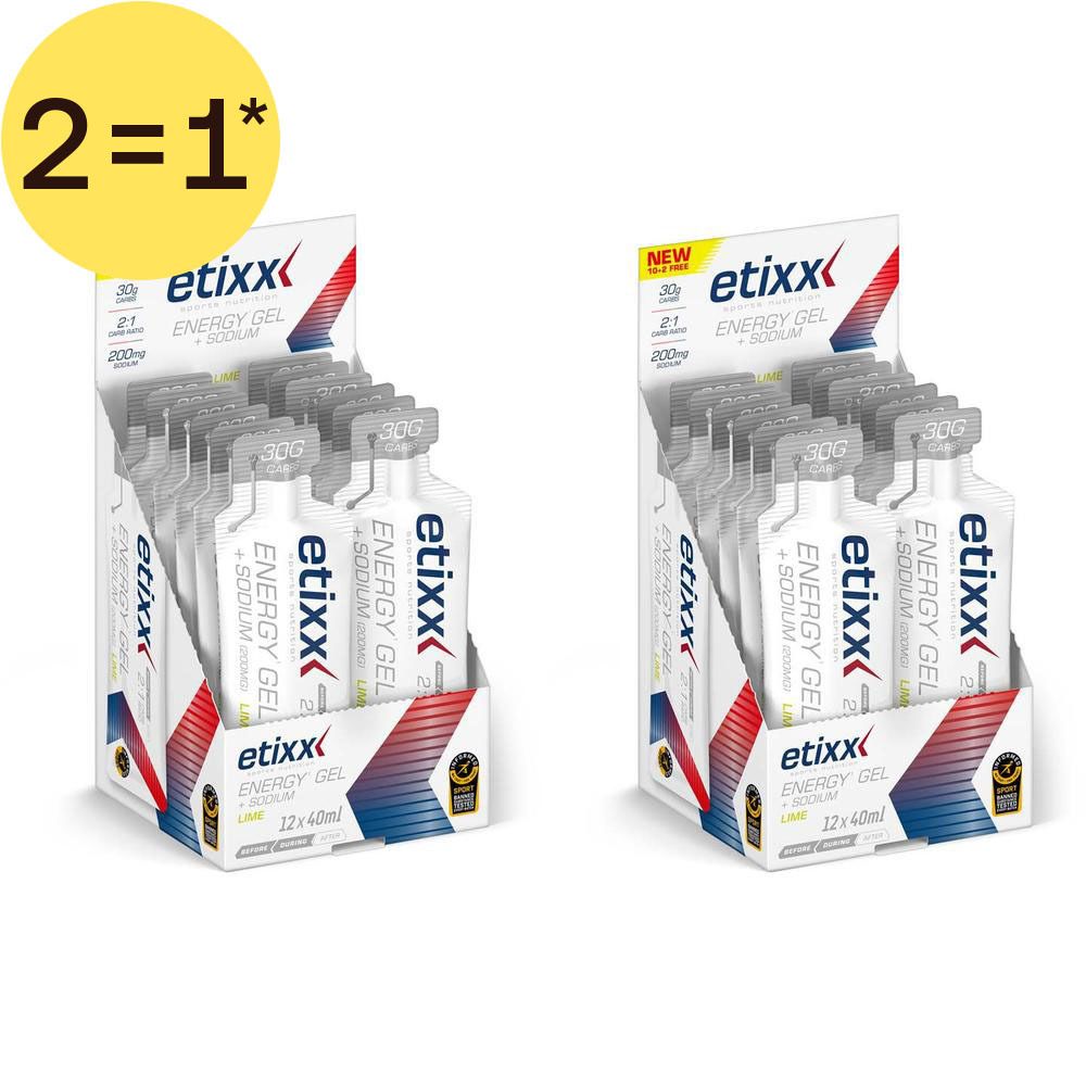 Deux présentoirs de 12 Etixx Energy Gels + Sodium saveur citron vert.