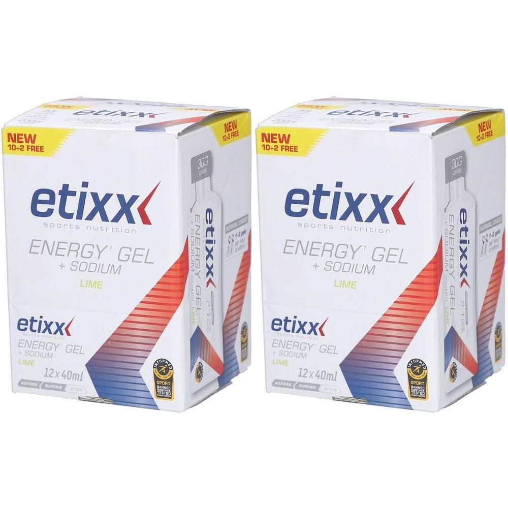 Deux paquets d'Etixx Energy Gel + Sodium, saveur citron vert, 12x40ml.