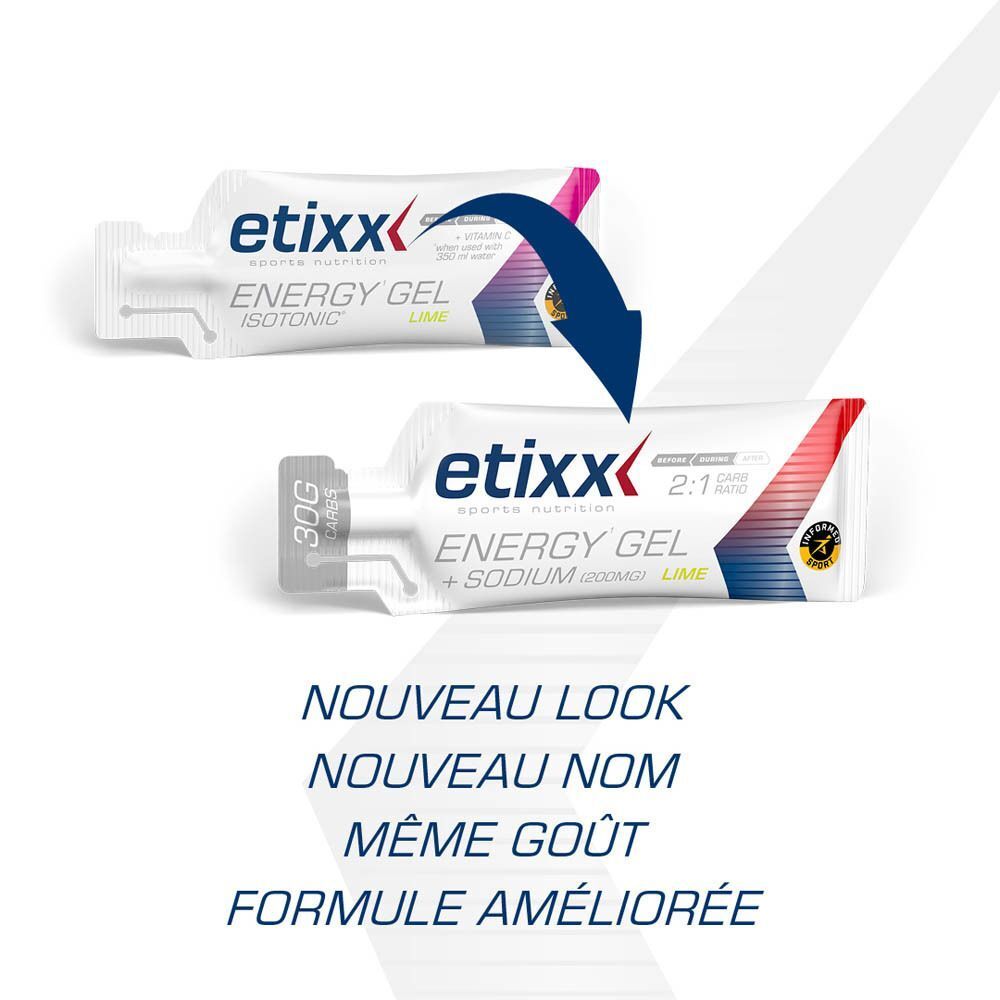 Etixx Energy Gel + Sodium: 30g glucides, 200mg sodium, ratio 2:1 glucose:fructose.