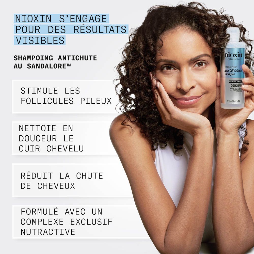 Femme tenant le shampooing Nioxin anti-chute au Sandalore.