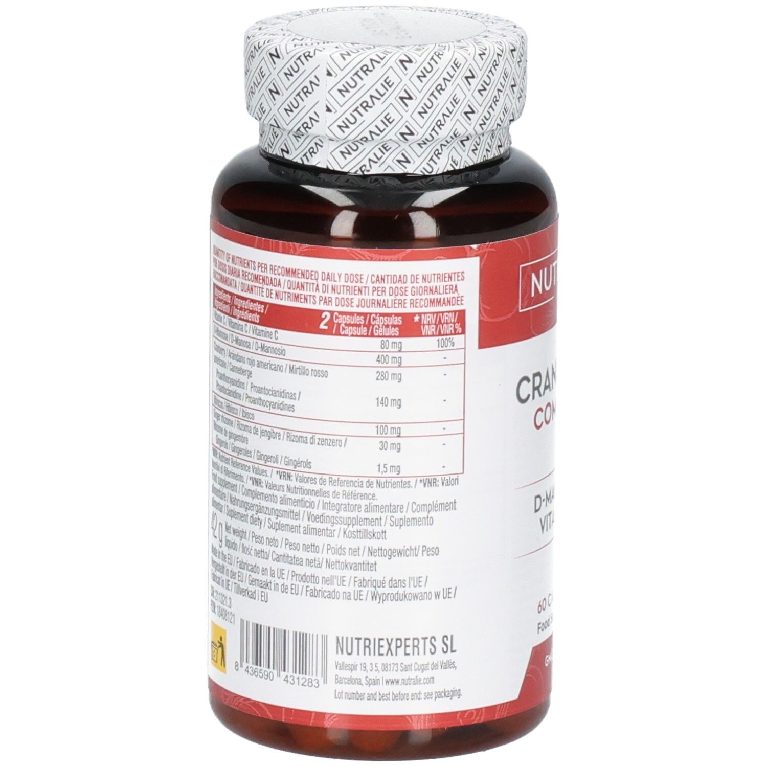 Arrière de la boîte de gélules Nutralie Cranberry Complex avec informations nutritionnelles.