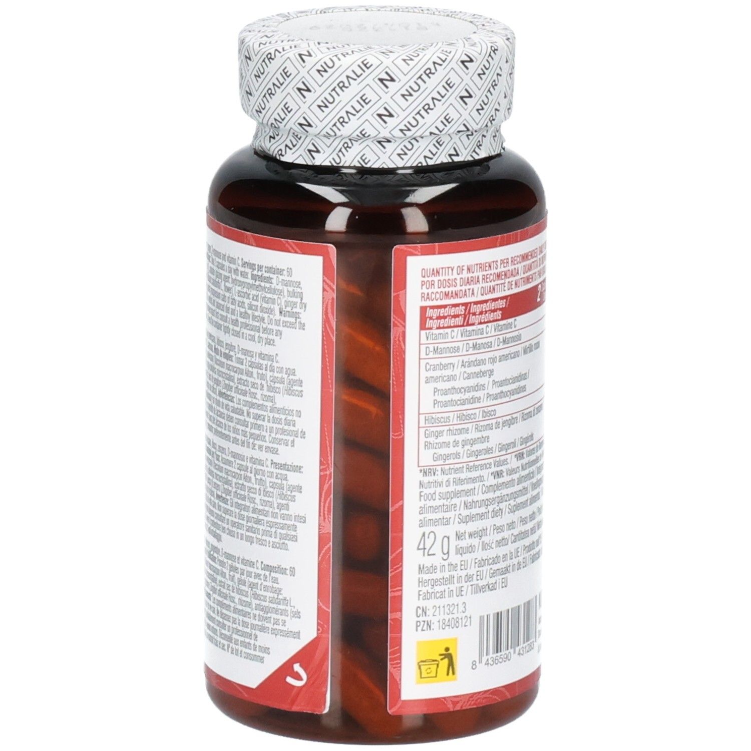 Vue latérale de la boîte de gélules Nutralie Cranberry Complex avec informations nutritionnelles.