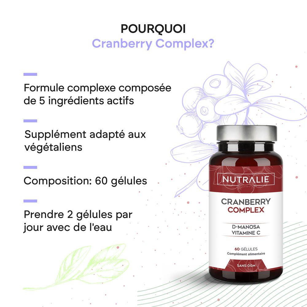 Vue latérale de la boîte de gélules Nutralie Cranberry Complex avec informations nutritionnelles.