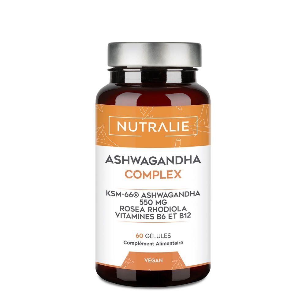 Nutralie Ashwagandha Complex KSM-66: 60 gélules. Contient Ashwagandha KSM-66, Rhodiola Rosea, Vitamines B6 & B12.