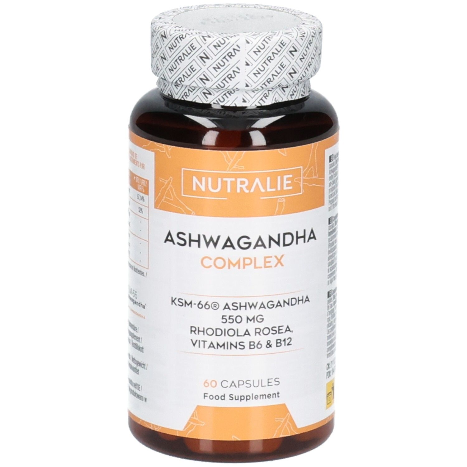 Nutralie Ashwagandha Complex KSM-66 Gélules: 550 mg Ashwagandha, Rhodiola Rosea, Vitamines B6 & B12. 60 gélules.