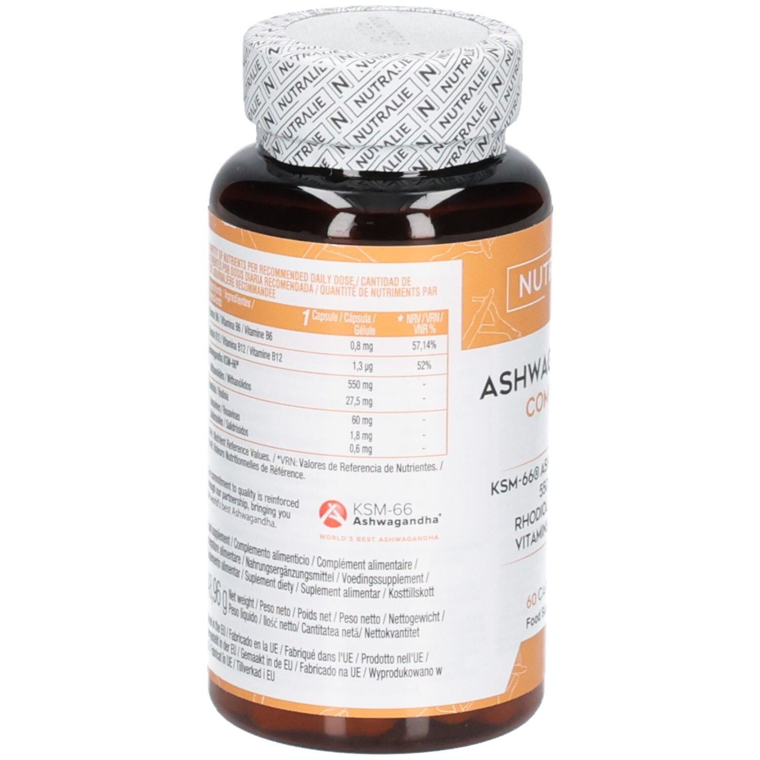 Nutralie Ashwagandha Complex KSM-66: 550 mg Ashwagandha, Rhodiola Rosea, Vitamines B6 & B12. 60 gélules. Vegan.