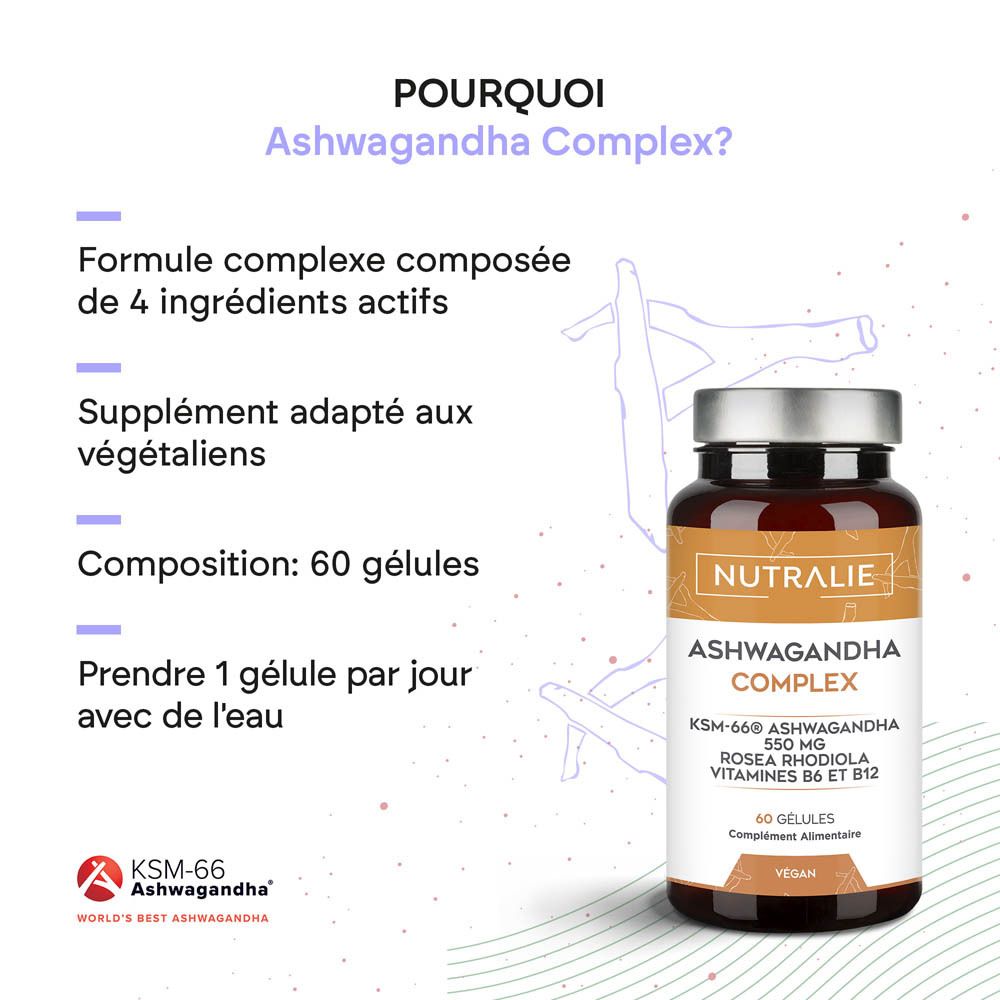 Nutralie Ashwagandha Complex: Femme méditant. Formule complexe avec Ashwagandha KSM-66, Rhodiola Rosea, Vitamines B6 & B12.