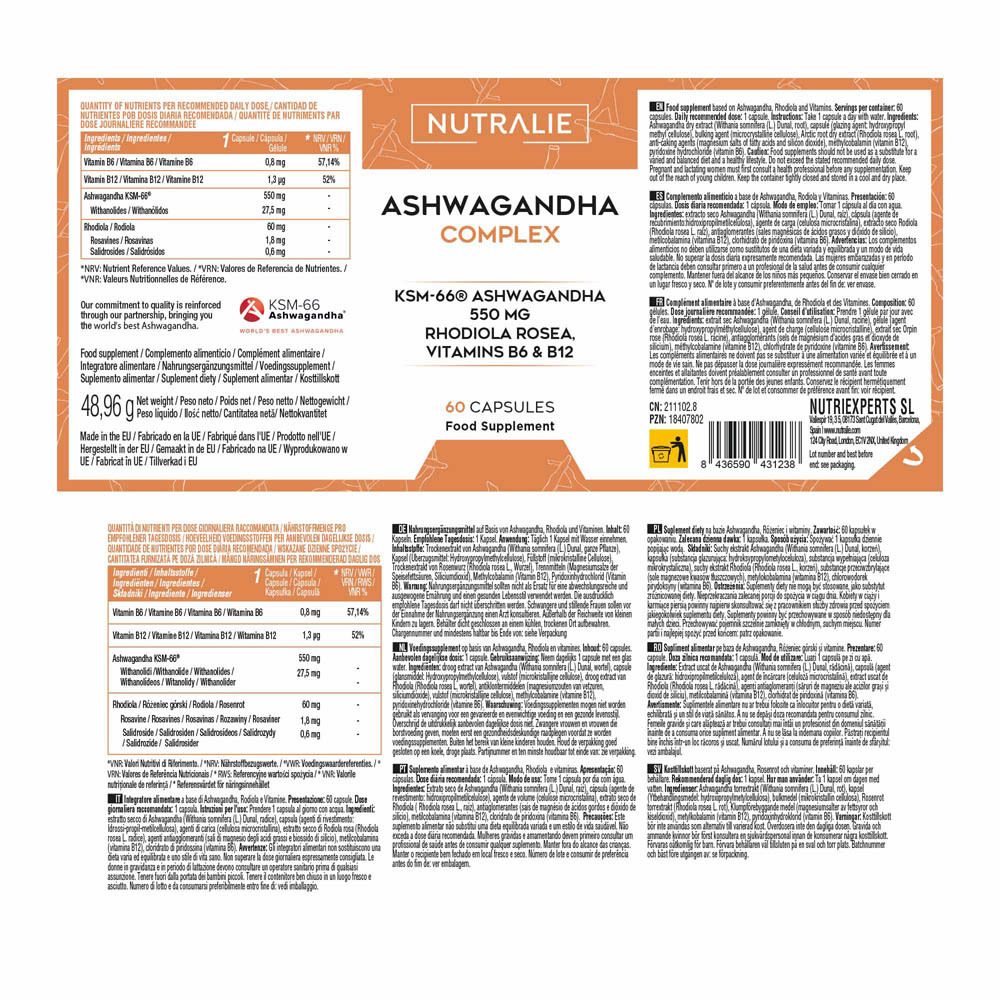 Nutralie: Présentation de la gamme de produits, dont Ashwagandha Complex.