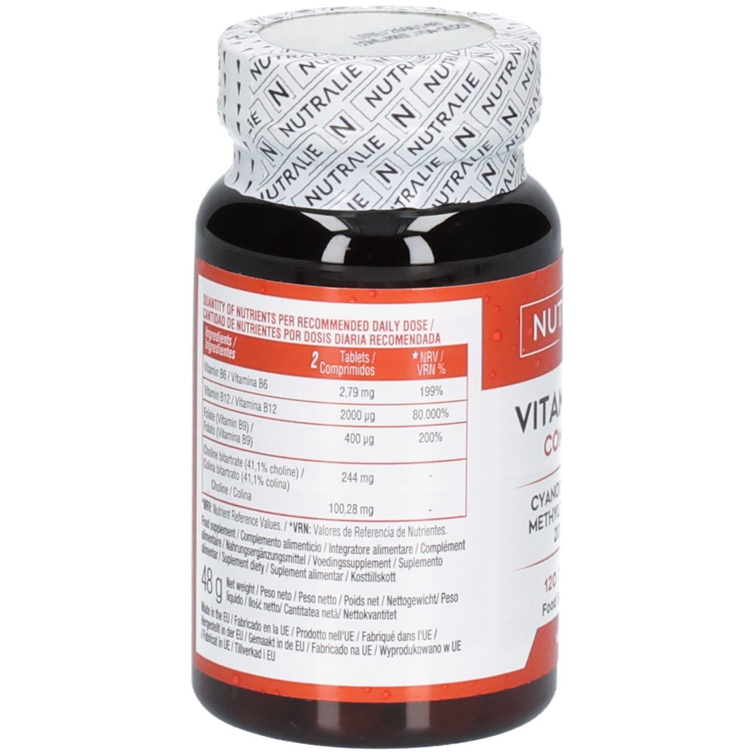 Arrière de la bouteille Nutralie Vitamine B12 Complex avec informations nutritionnelles.