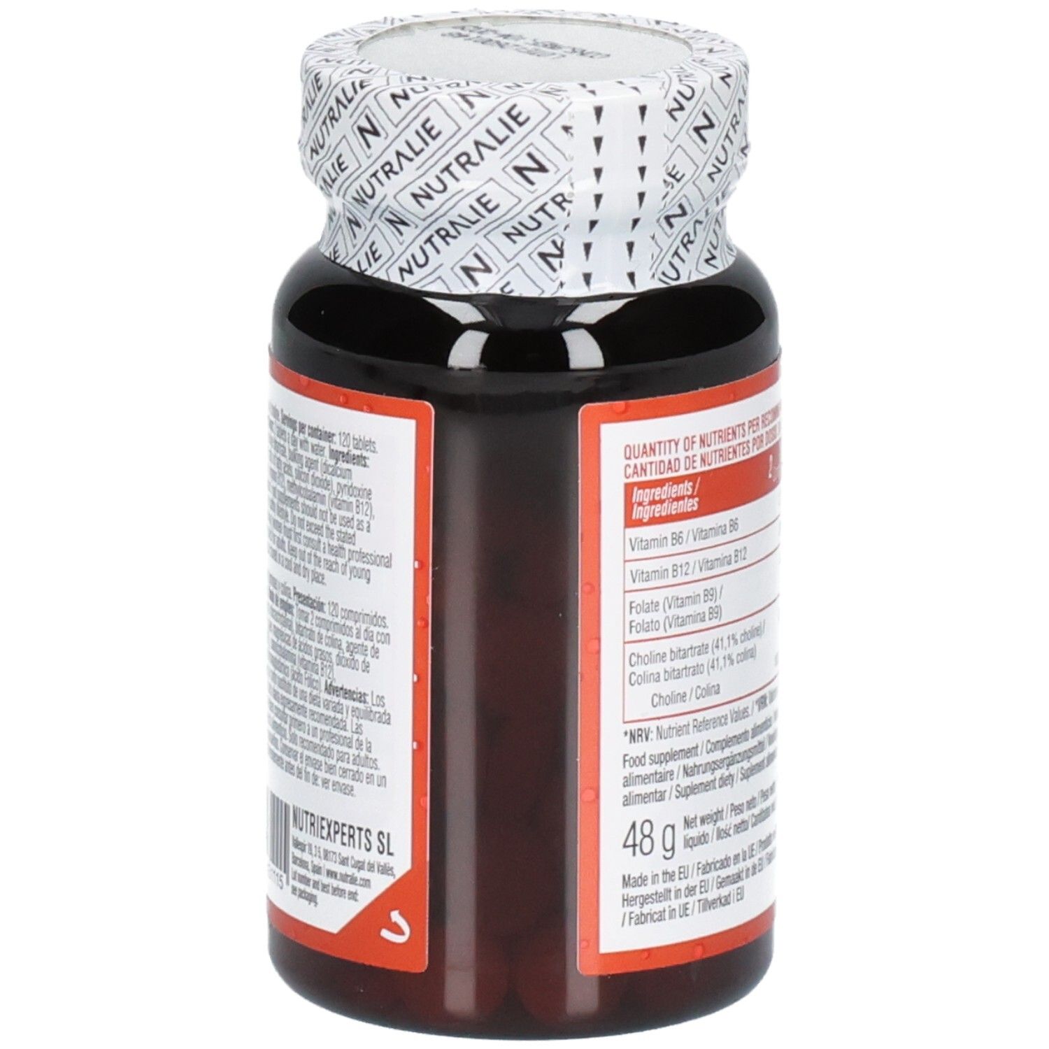 Vue latérale de la bouteille Nutralie Vitamine B12 Complex avec informations nutritionnelles.