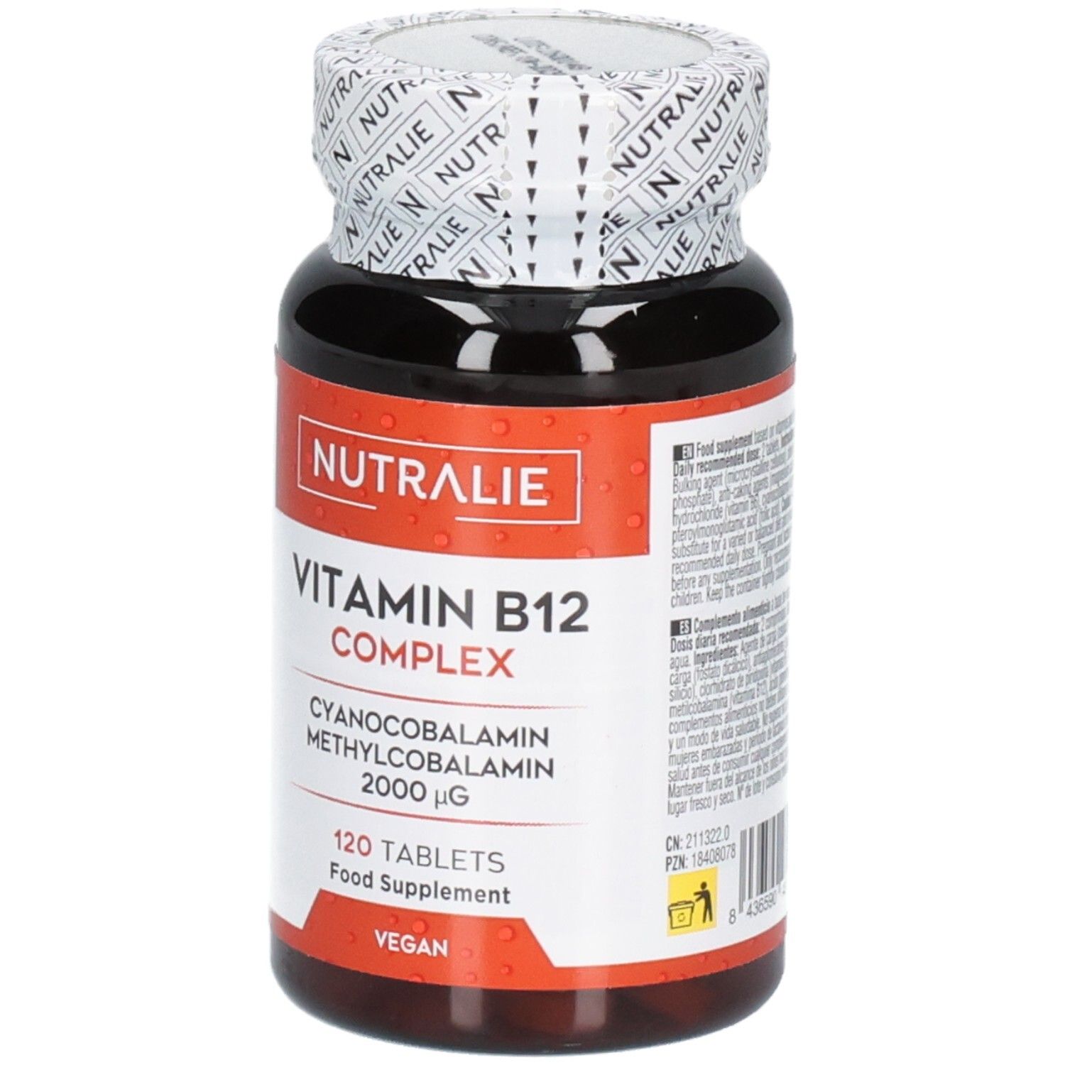 Bouteille Nutralie Vitamine B12 Complex de 120 comprimés avec sceau vegan.