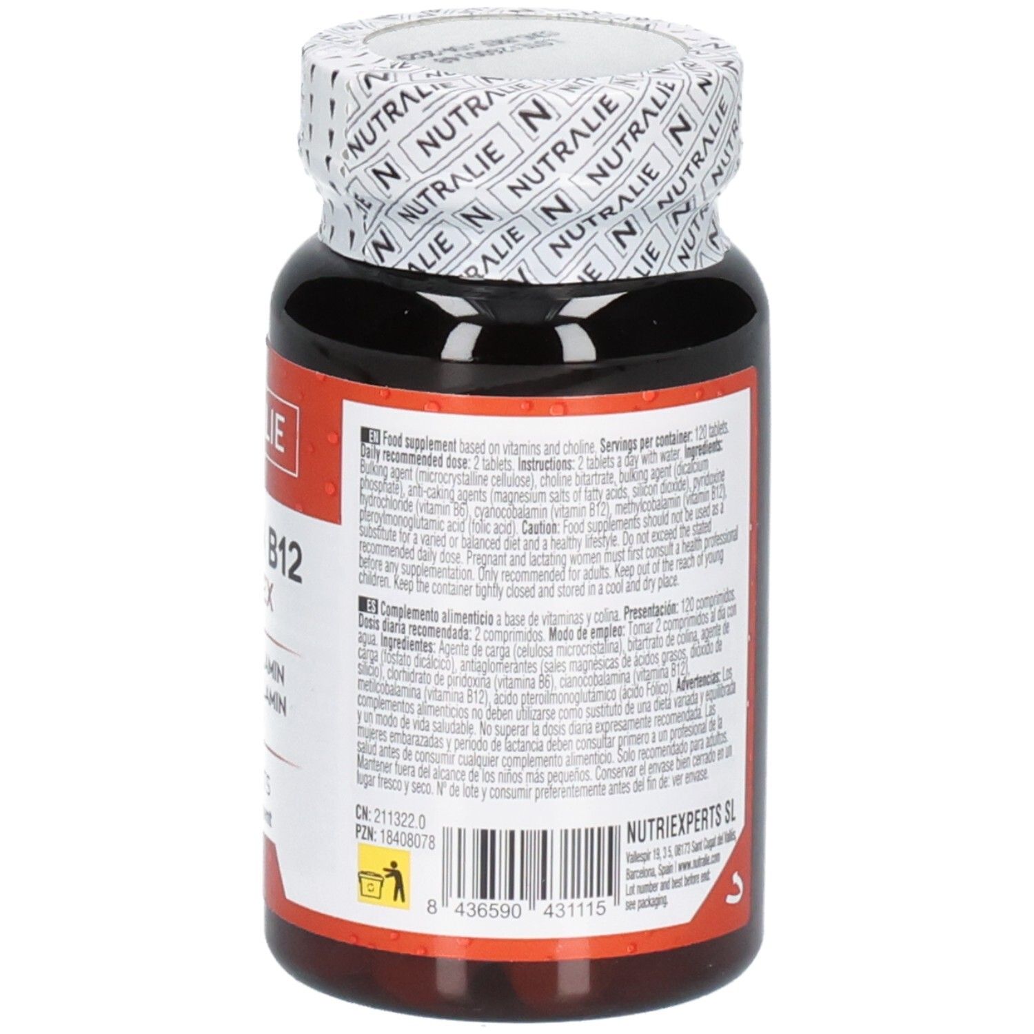 Arrière de la bouteille Nutralie Vitamine B12 Complex avec instructions d'utilisation.