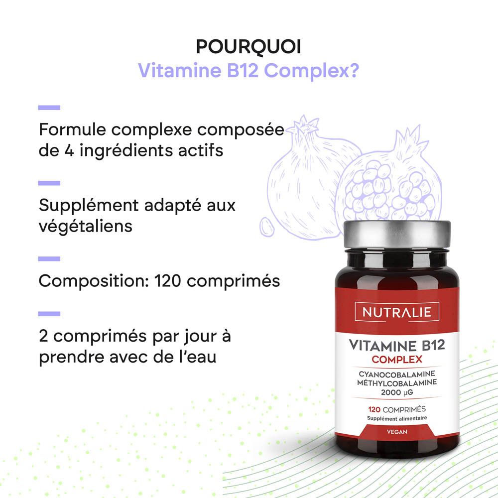 Vue latérale de la bouteille Nutralie Vitamine B12 Complex avec informations nutritionnelles.
