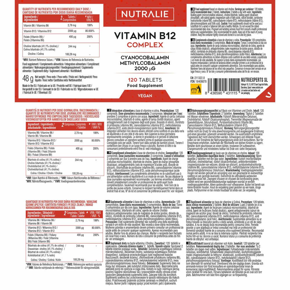 Bouteille Nutralie Vitamine B12 Complex de 120 comprimés, vegan.