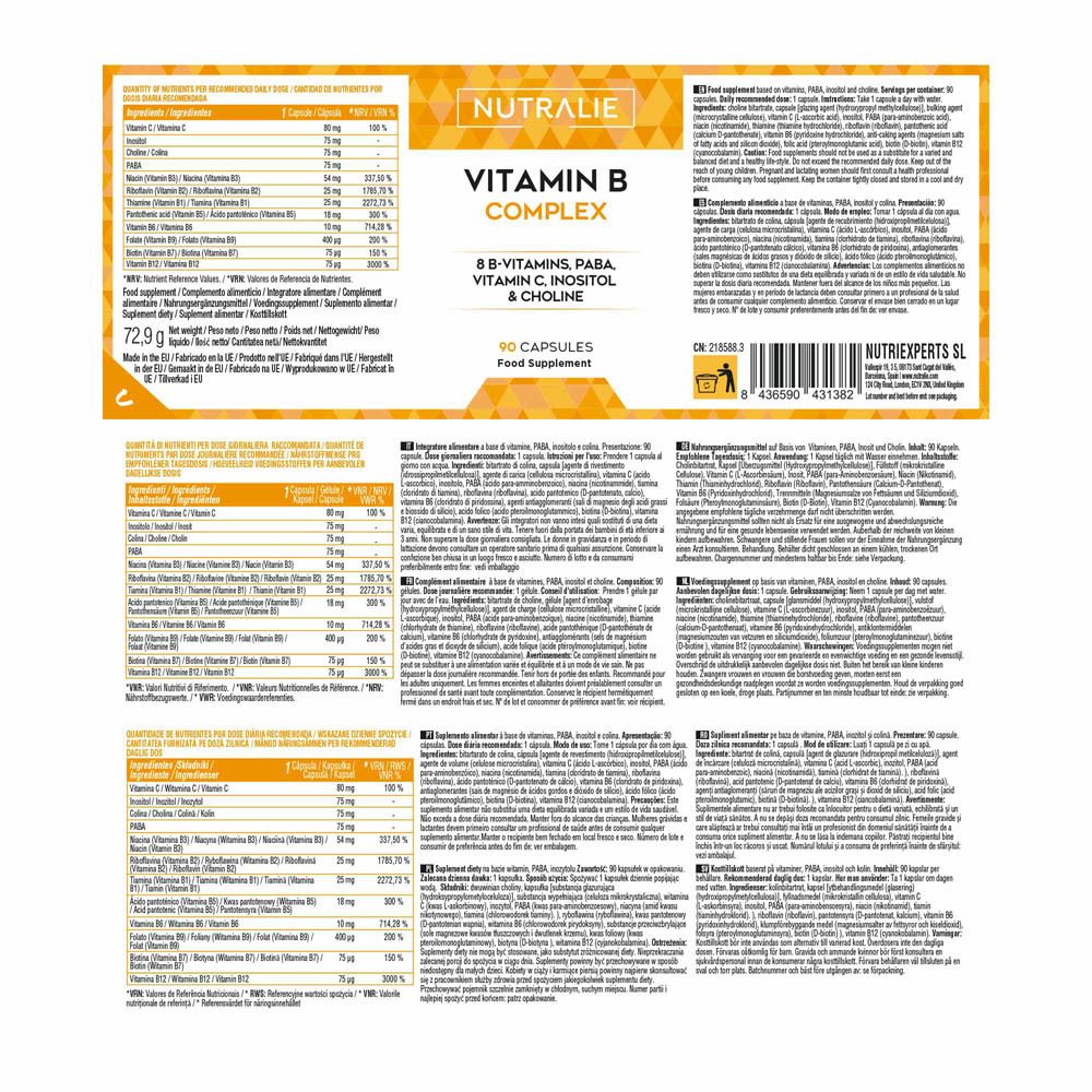 Nutralie Vitamine B Complex bouteille, 90 gélules, vegan.