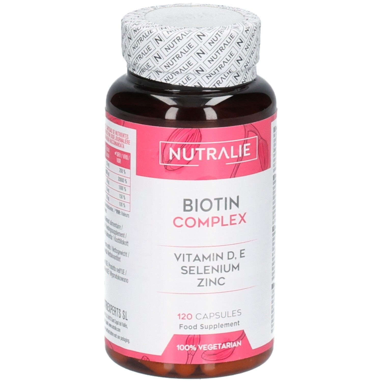 Bouteille Nutralie Biotine Complex 120 gélules, Vitamines D, E, Sélénium, Zinc. 100% végétarien.