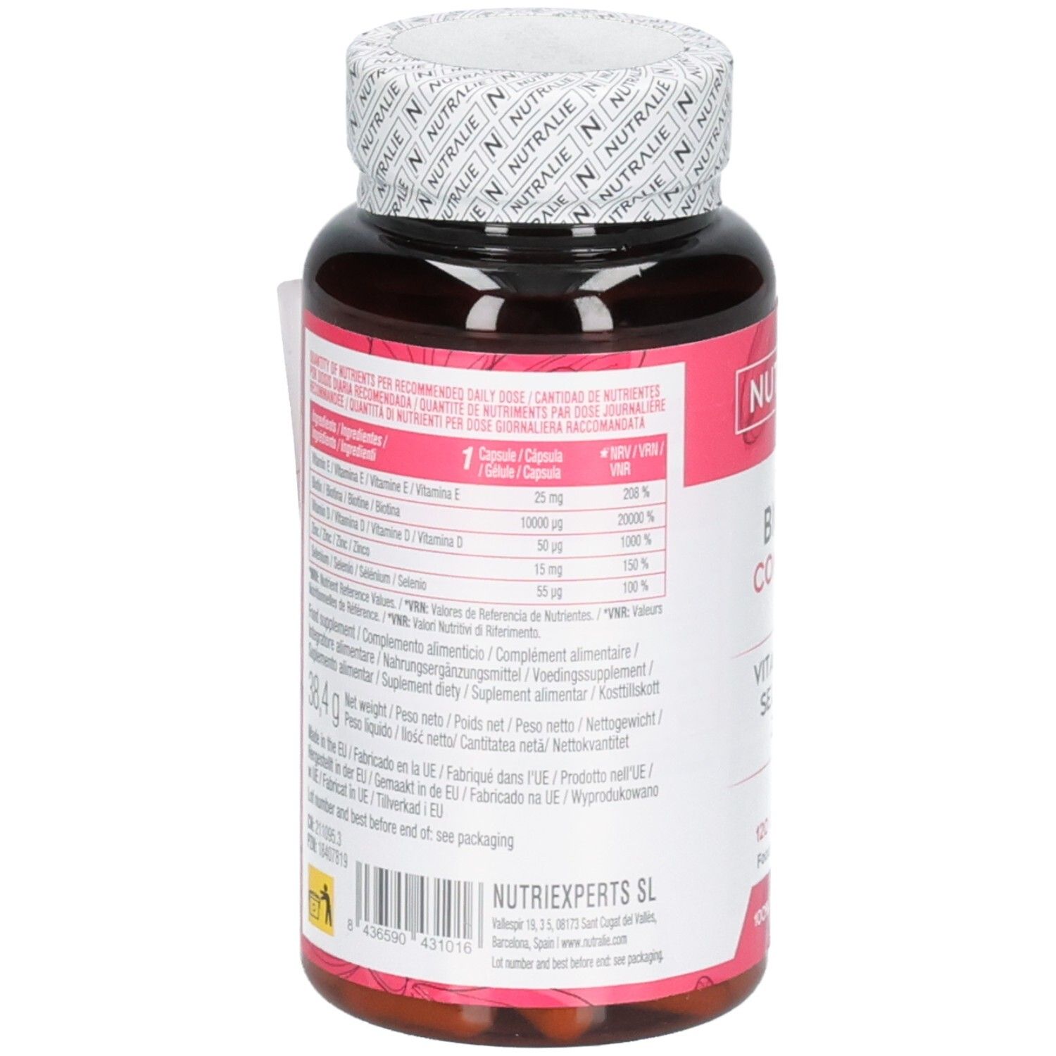 Arrière de la bouteille Nutralie Biotine Complex avec tableau nutritionnel et ingrédients.