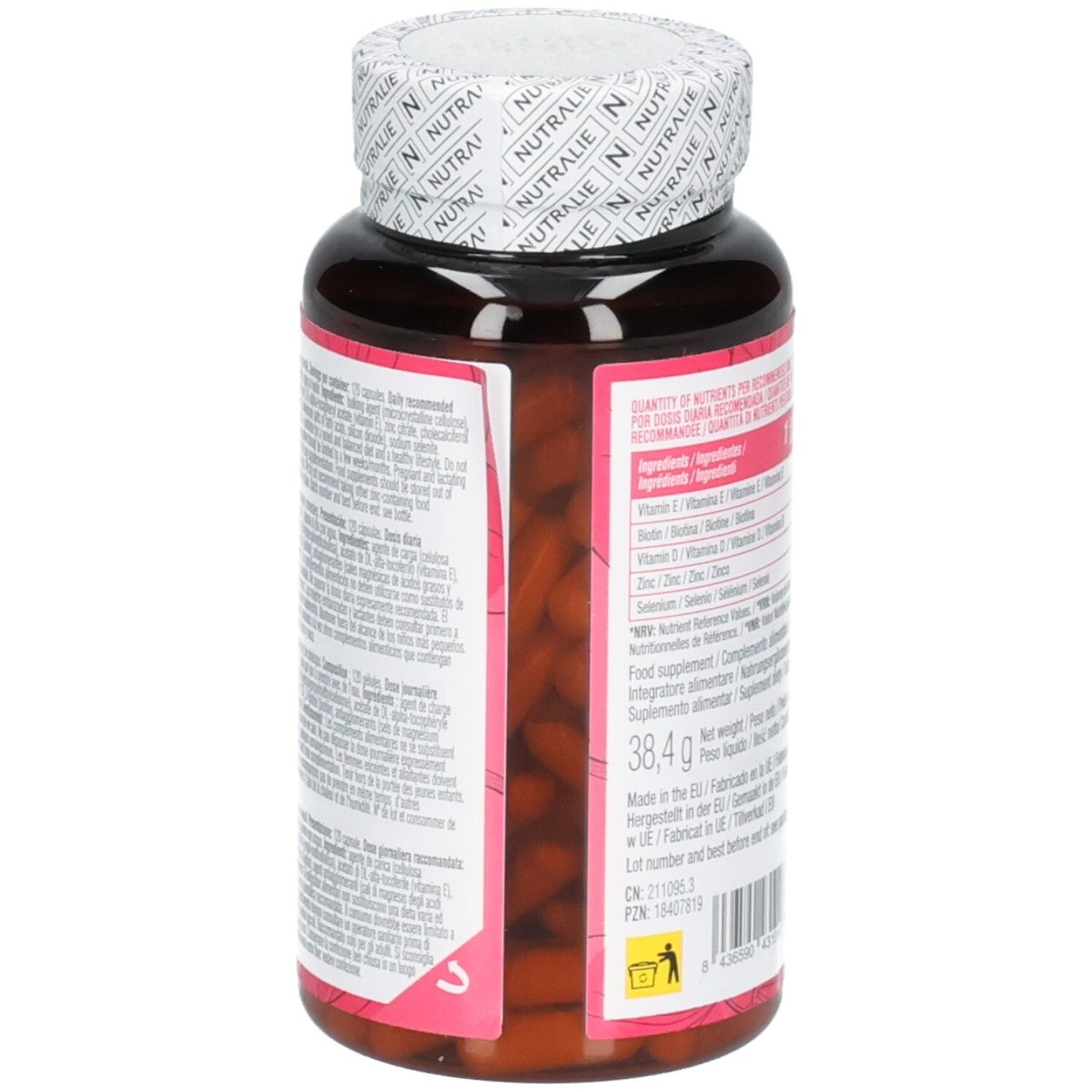Vue latérale de la bouteille Nutralie Biotine Complex avec indication de poids 38,4g.
