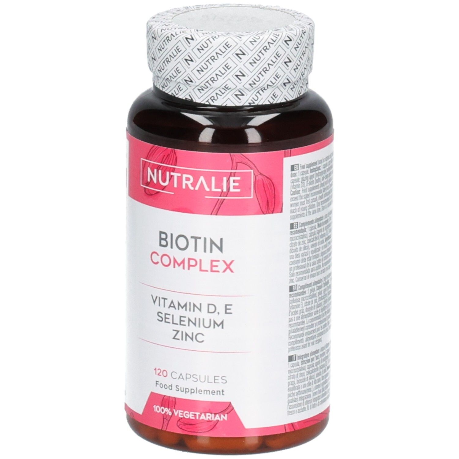 Bouteille Nutralie Biotine Complex 120 gélules, Vitamines D, E, Sélénium, Zinc. 100% végétarien.