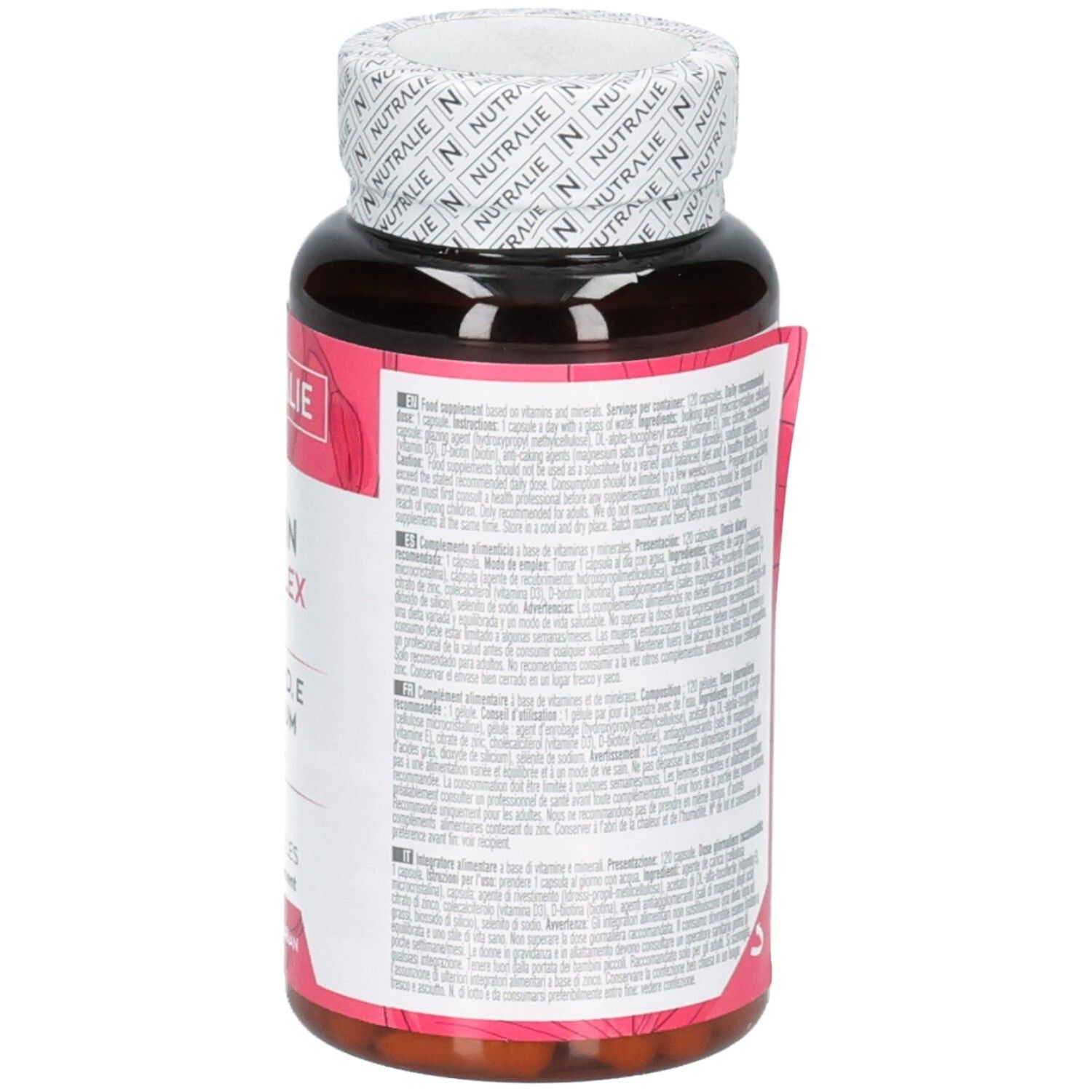 Arrière de la bouteille Nutralie Biotine Complex avec informations détaillées.