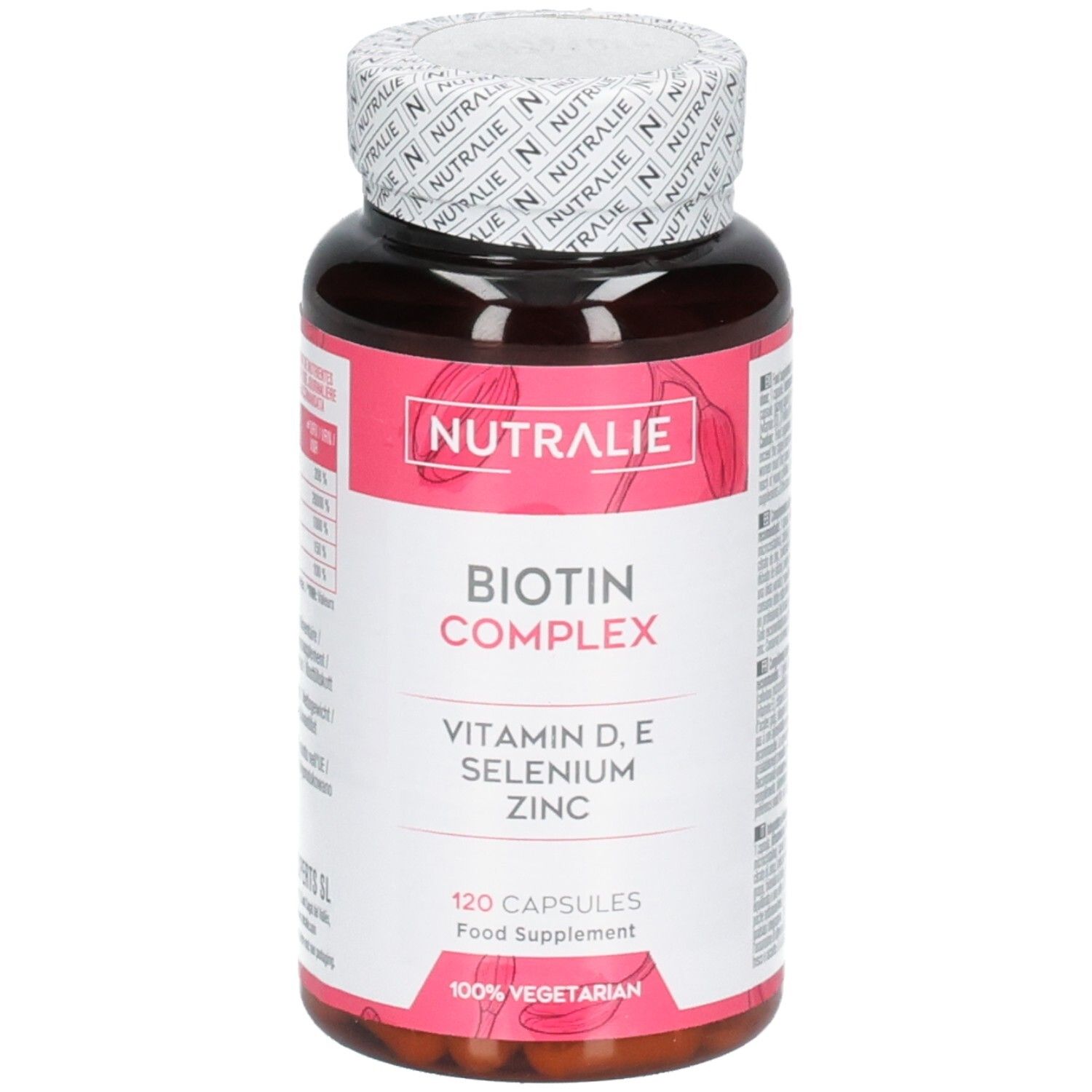 Bouteille Nutralie Biotine Complex 120 gélules, Vitamines D, E, Sélénium, Zinc. 100% végétarien.