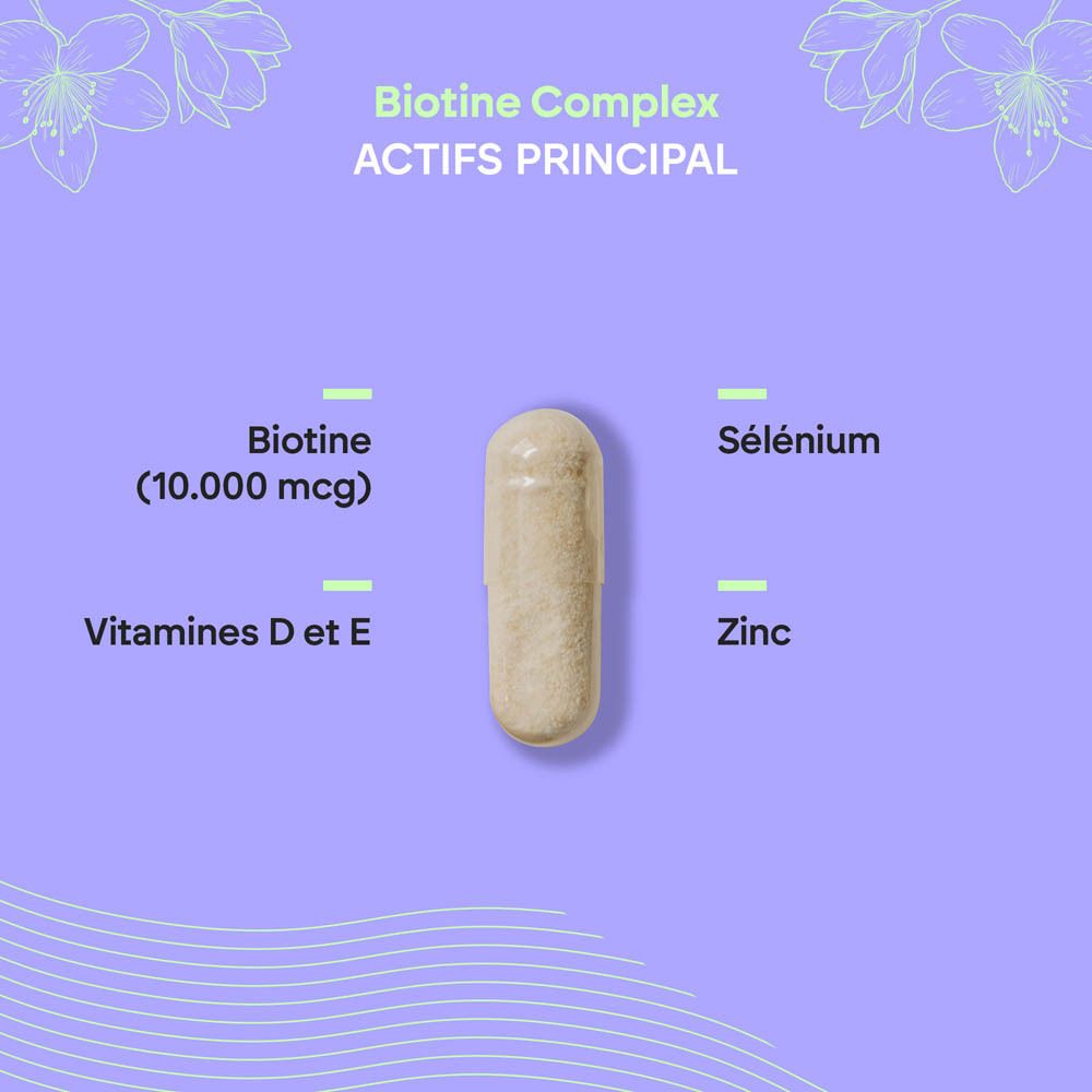 Bouteille Nutralie Biotine Complex 120 gélules, Vitamines D, E, Sélénium, Zinc. 100% végétarien.