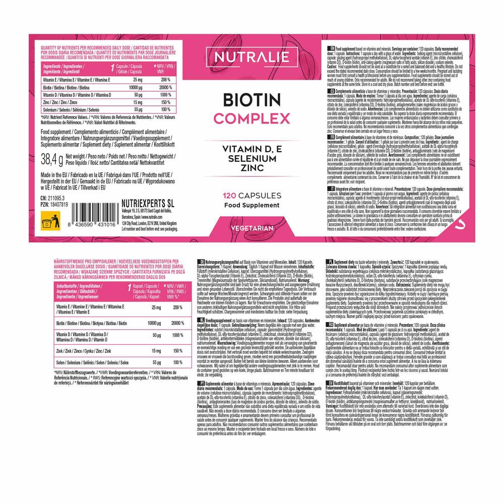 Bouteille Nutralie Biotine Complex 120 gélules, Vitamines D, E, Sélénium, Zinc. 100% végétarien.