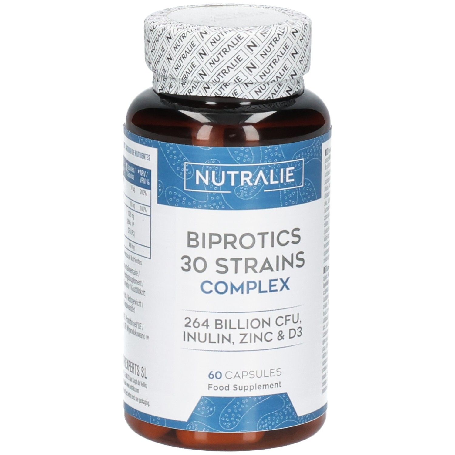 Bouteille de capsules brunes Nutralie Biprotics 30 souches complexe, 60 gélules.