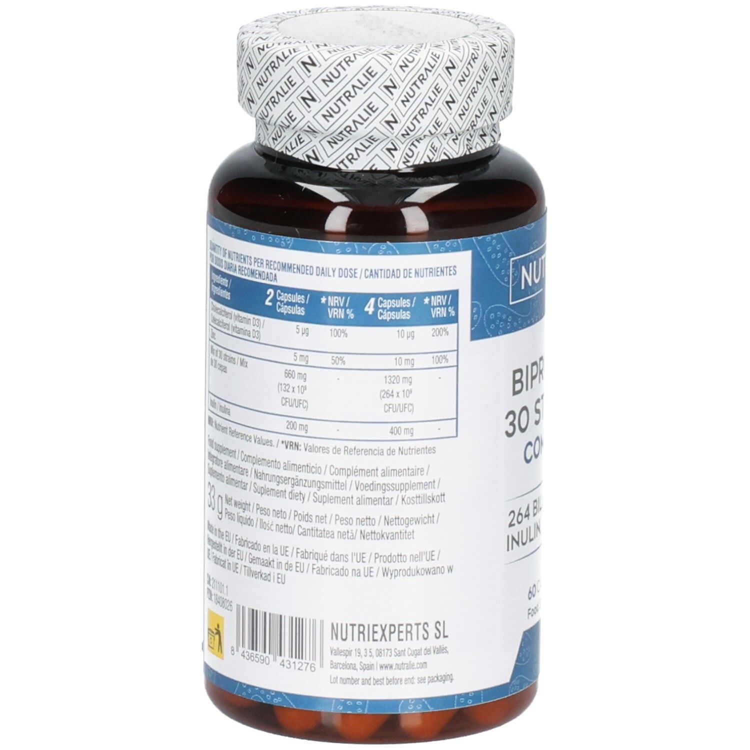 Arrière d'une bouteille de capsules brunes Nutralie Biprotics 30 souches complexe avec informations nutritionnelles.