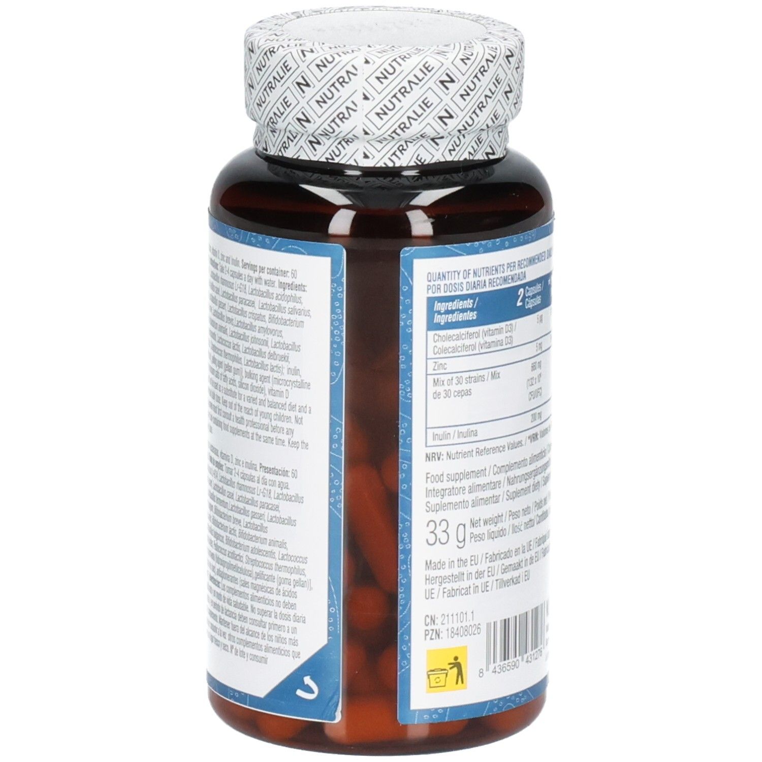 Côté d'une bouteille de capsules brunes Nutralie Biprotics 30 souches complexe avec ingrédients détaillés.