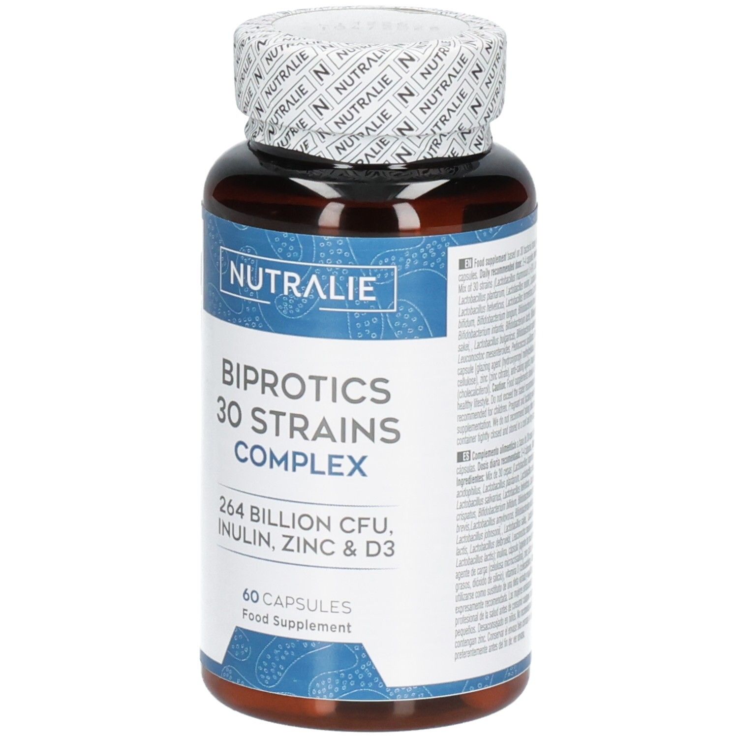 Bouteille de capsules brunes Nutralie Biprotics 30 souches complexe, 60 gélules, vue de face.
