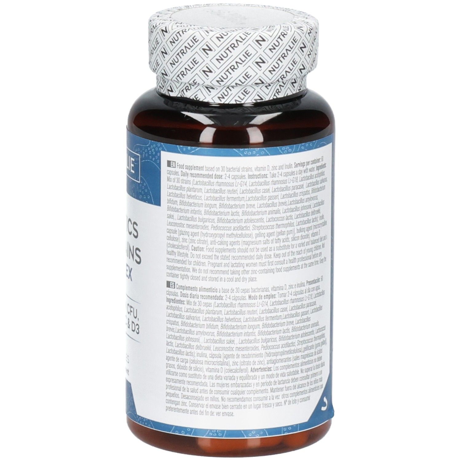 Arrière d'une bouteille de capsules brunes Nutralie Biprotics 30 souches complexe avec informations détaillées.