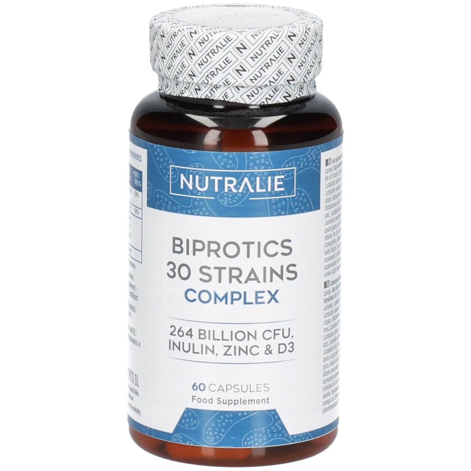 Bouteille de capsules brunes Nutralie Biprotics 30 souches complexe, 60 gélules, vue légèrement en biais.