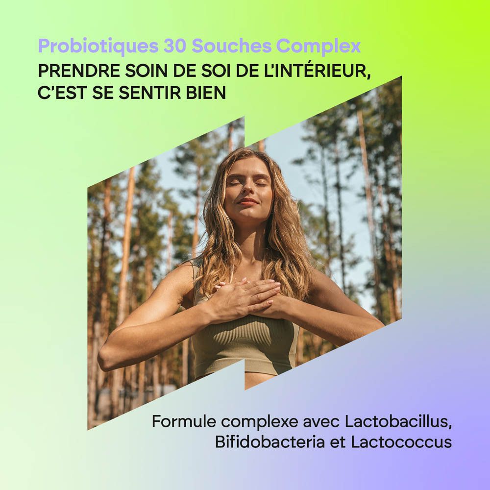 Arrière d'une bouteille de capsules brunes Nutralie Probiotiques 30 souches complexe avec informations nutritionnelles.