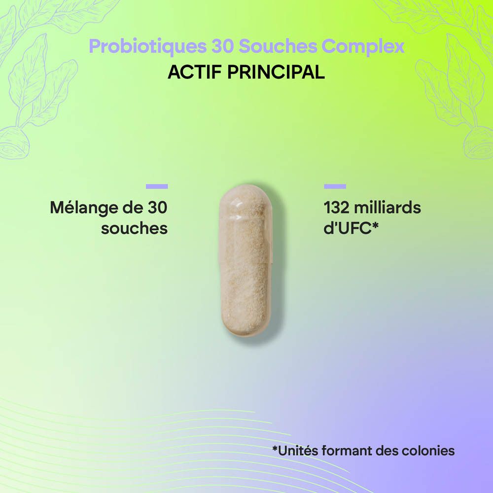 Bouteille de capsules brunes Nutralie Probiotiques 30 souches complexe, 60 gélules, vue de face.