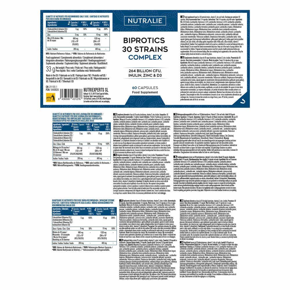 Bouteille de capsules brunes Nutralie Probiotiques 30 souches complexe, 60 gélules, vue légèrement en biais.
