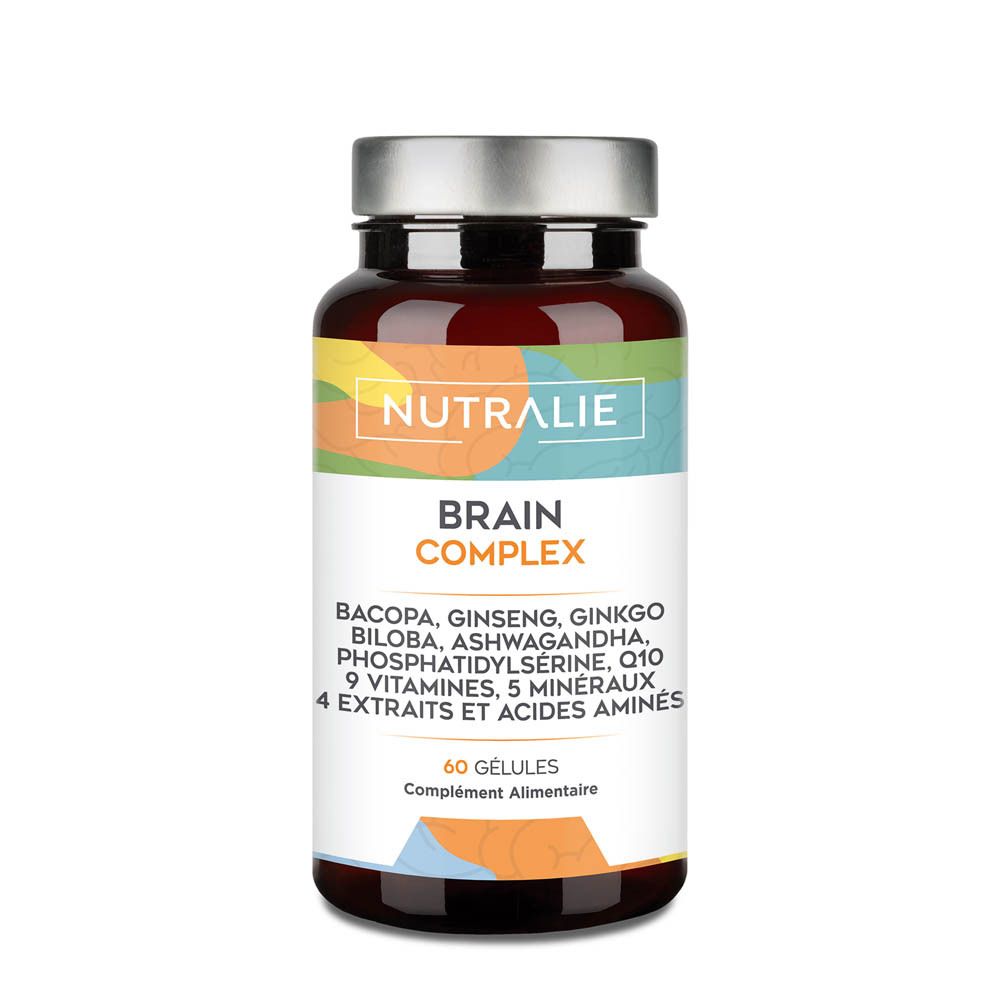Nutralie Brain Complex: Flacon de 60 gélules, contient Bacopa, Ginseng, Ginkgo, Ashwagandha.