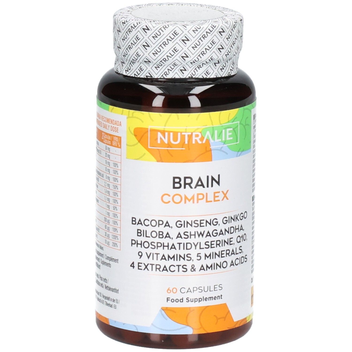 Nutralie Brain Complex Gélules: Contient Bacopa, Ginseng, Ginkgo, Ashwagandha, Q10, Vitamines, Minéraux, Extraits & Acides Aminés.