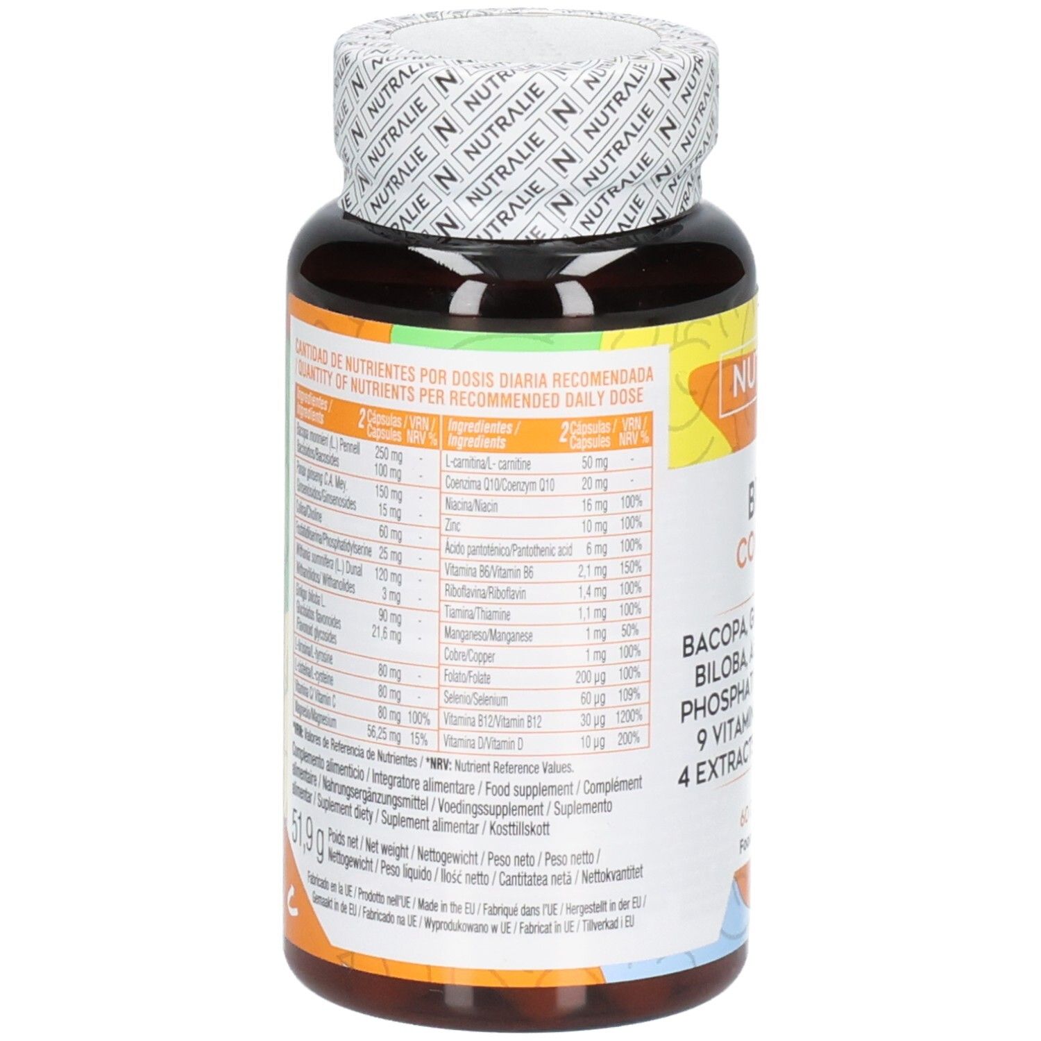 Nutralie Brain Complex: Flacon de 60 gélules. Contient Bacopa, Ginseng, Ginkgo, Ashwagandha, Q10, 9 vitamines, 5 minéraux.
