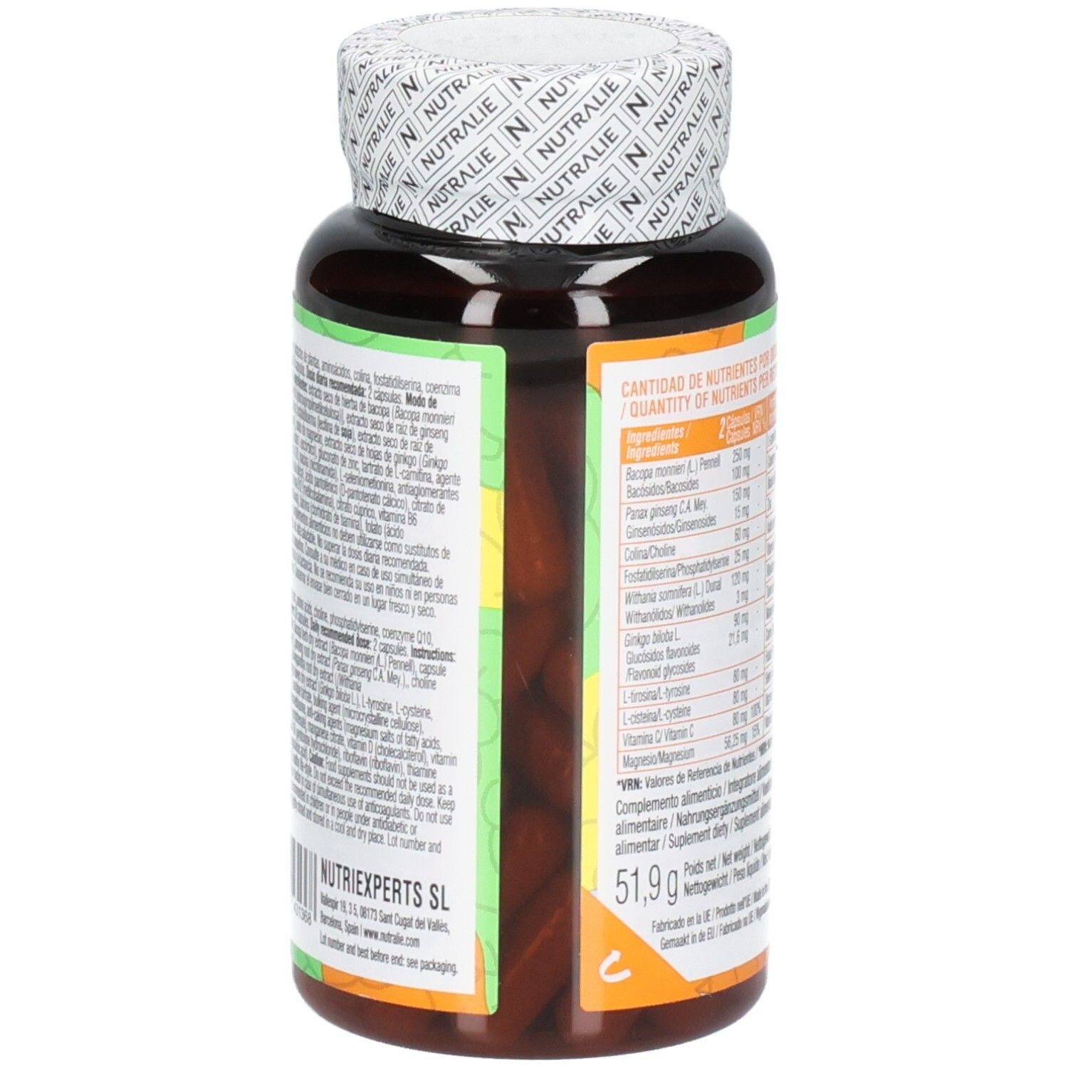Nutralie Brain Complex: Arrière de la bouteille avec informations nutritionnelles et ingrédients.