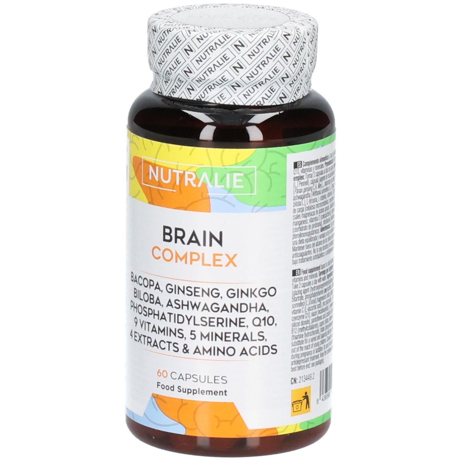 Nutralie Brain Complex: Flacon de 60 gélules, liste détaillée des ingrédients sur l'étiquette.