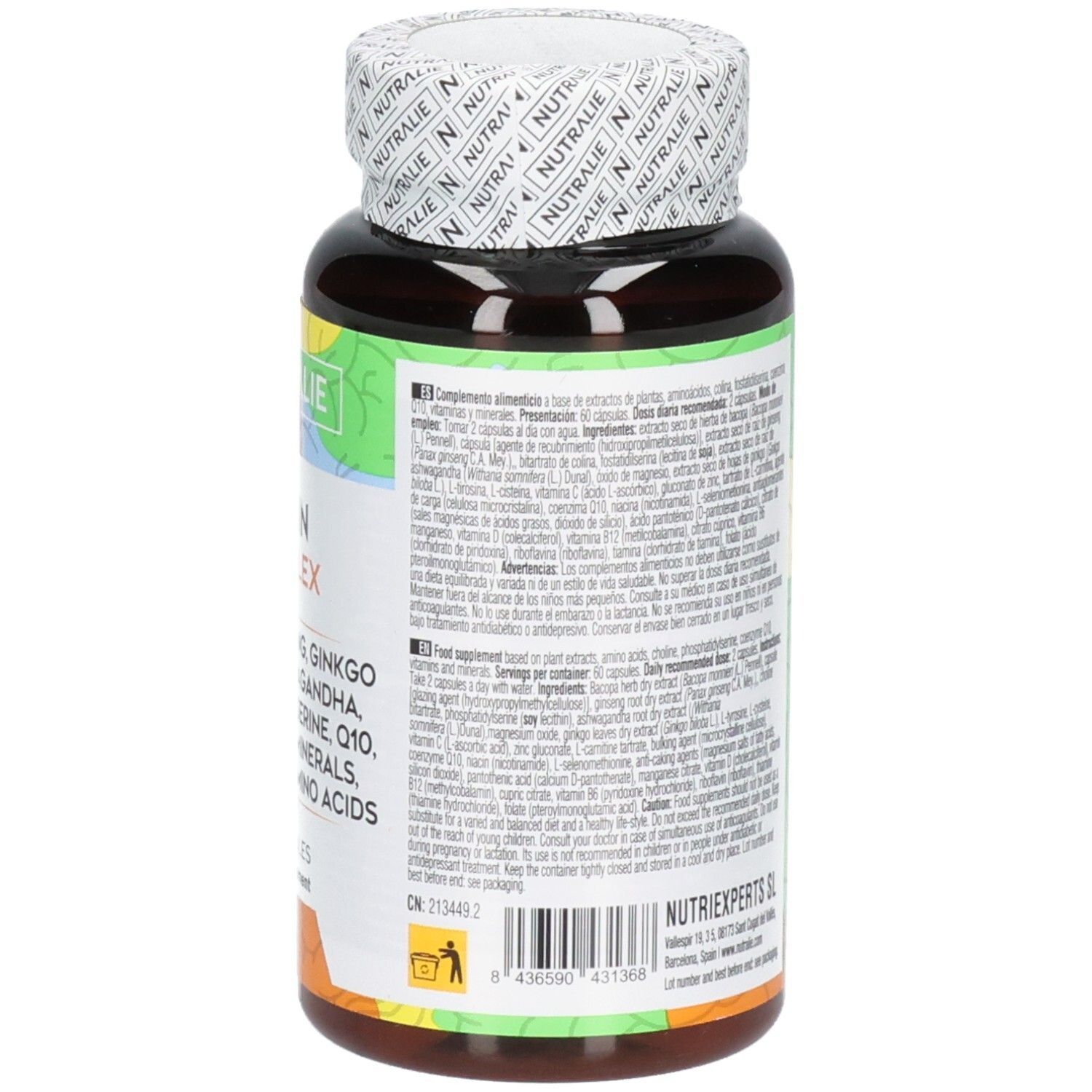 Nutralie Brain Complex: Flacon de 60 gélules, informations nutritionnelles et ingrédients sur l'étiquette.
