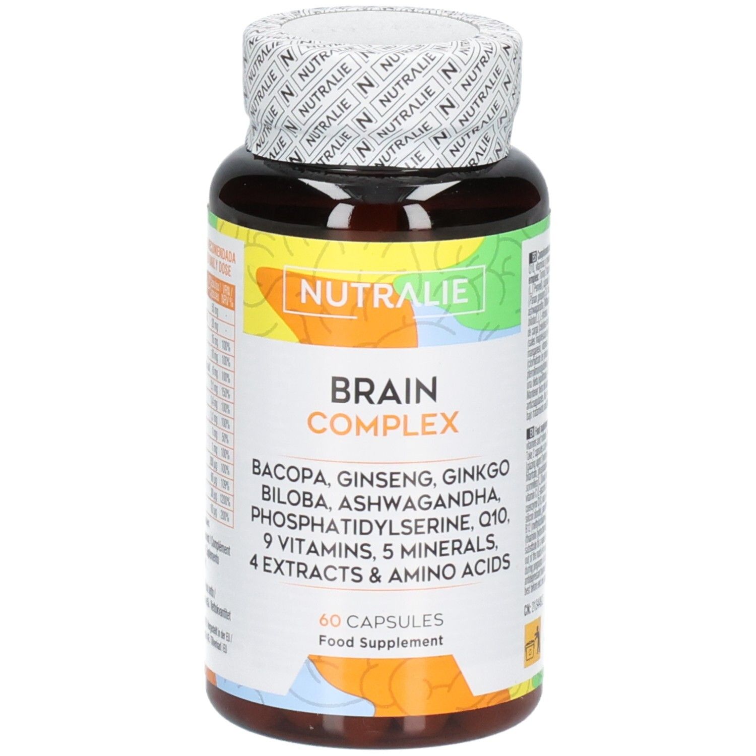 Nutralie Brain Complex: Flacon de 60 gélules, informations nutritionnelles détaillées et ingrédients.